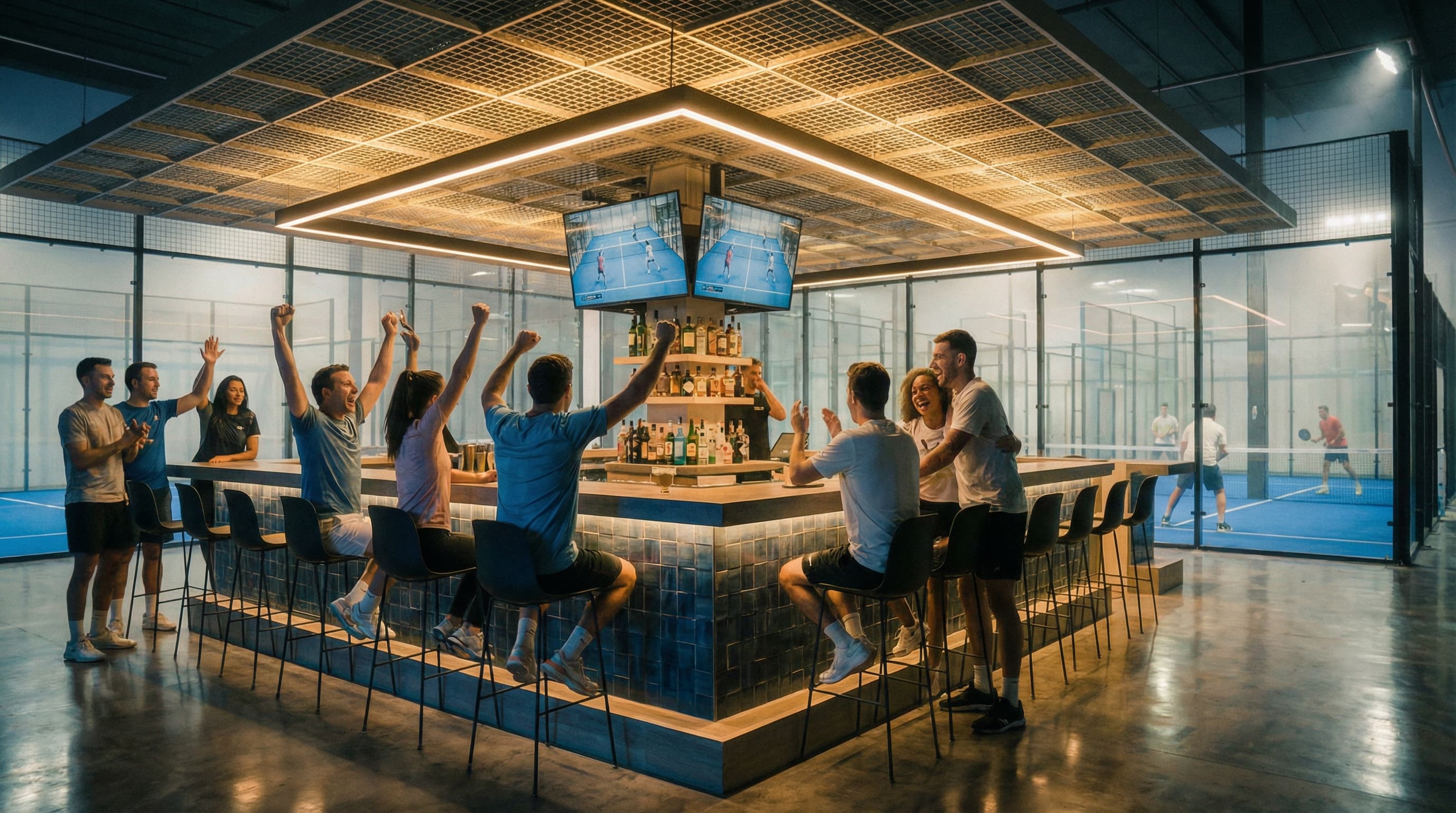 The 360 Bar & Lounge at Padel Society — guests cheering at the bar with court views